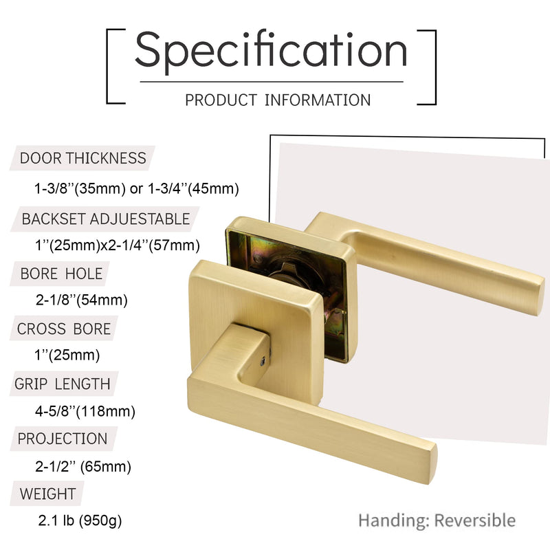 Linkaa Passage Door Handles Brushed Gold Door Lever Satin Brass for Hall or Closet, Keyless Door Knob, Square Interior Door Handle Heavy Duty Zinc Alloy (1, Passage (No Lock)，Brass Gold) Passage(no lock) 1