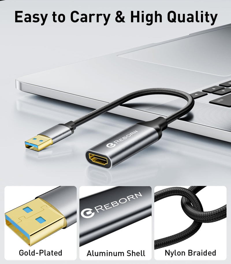 Reborn USB to HDMI Adapter, USB 3.0/2.0 to HDMI Multi-Display Cable, 1080P@60Hz USB-A 3.0 Male to HDMI Female Converter Suitable for Windows XP/7/8/10/11 - BIOS Interface Out of Use