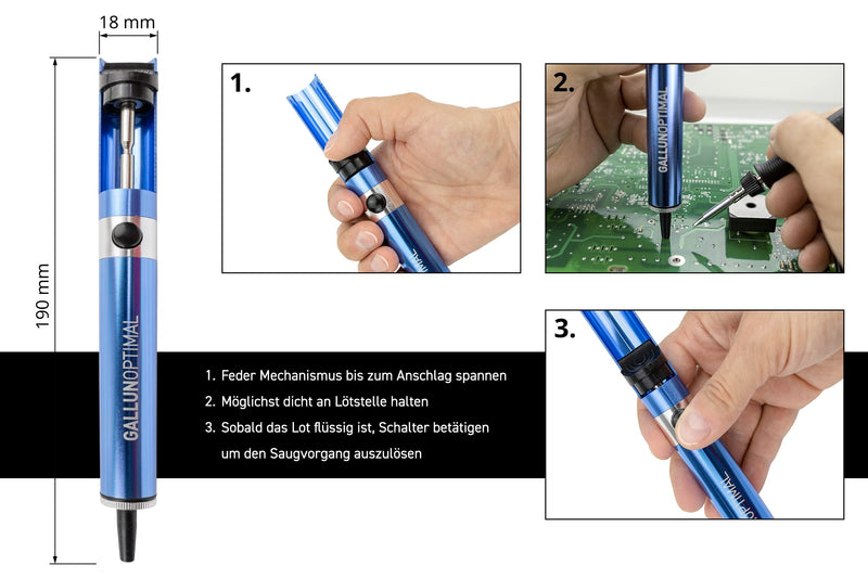 GALLUNoptimal professional desoldering pump all-metal housing in blue with ESD Teflon tip and high suction power all-metal design