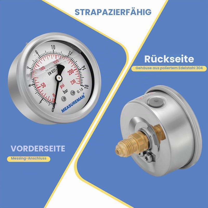 Pressure Gauge, Glycerine Filled Pressure Gauge, 63 mm Dial, 0-16bar, 304 Stainless Steel Case, G1/4 Rear Connection