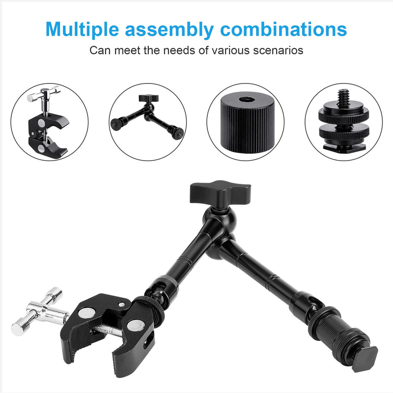 FOMITO 11" Articulating Magic Arm with Super Clamp, Heavy Duty Camera Mount for DSLR Rig, LED Video Lights, LCD Monitors, 1/4"-3/8" Thread, Max Load 4.4lbs