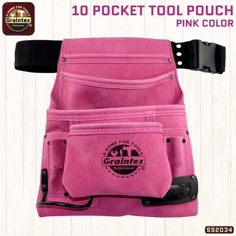 Graintex SS2034 10 Pocket Nail & Tool Pouch Pink Color Suede Leather with 2" Webbing Belt for Constructors, Electricians, Plumbers, Handymen