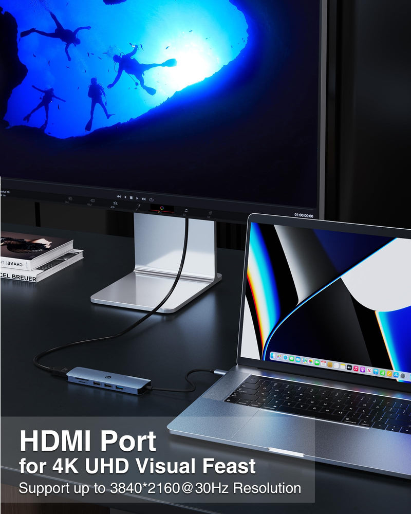 Tymyp 6 in 1 USB C Adapter USB C HUB, Featuring USB 3.0, 4K HDMI, 2 x USB 2.0, SD/TF Card Reader, Docking Station for Laptop Pro/Air Laptops and More