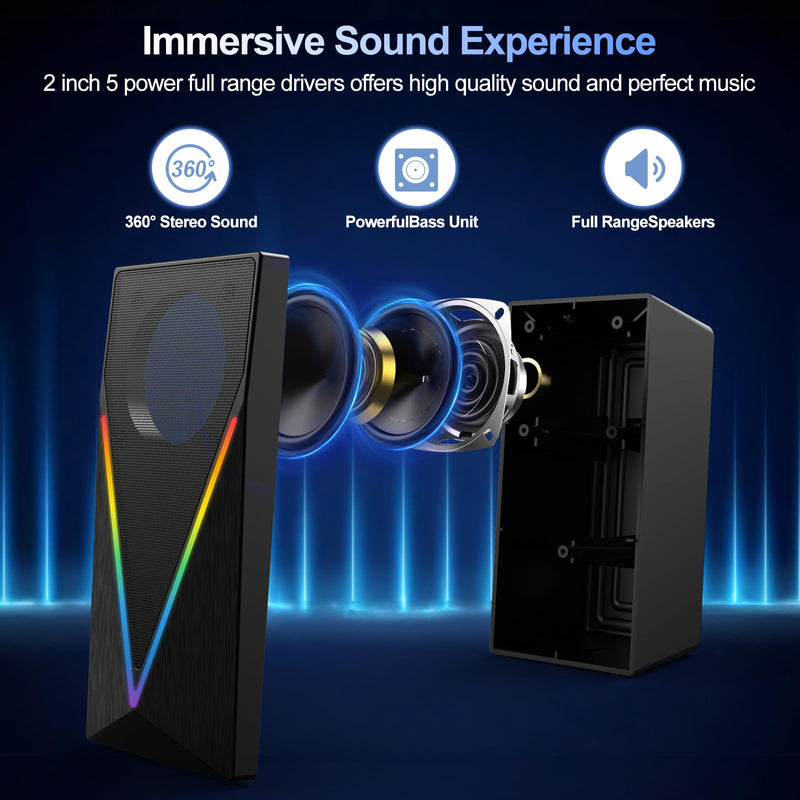 Computer Speakers, Desktop Speakers with 6 Colorful RGB Lights, Headphone Jack, Enhanced Bass and Volume Control, PC Speakers USB Powered & 3.5mm Aux Gaming Speakers for Laptop Monitor PC Tablet Phone