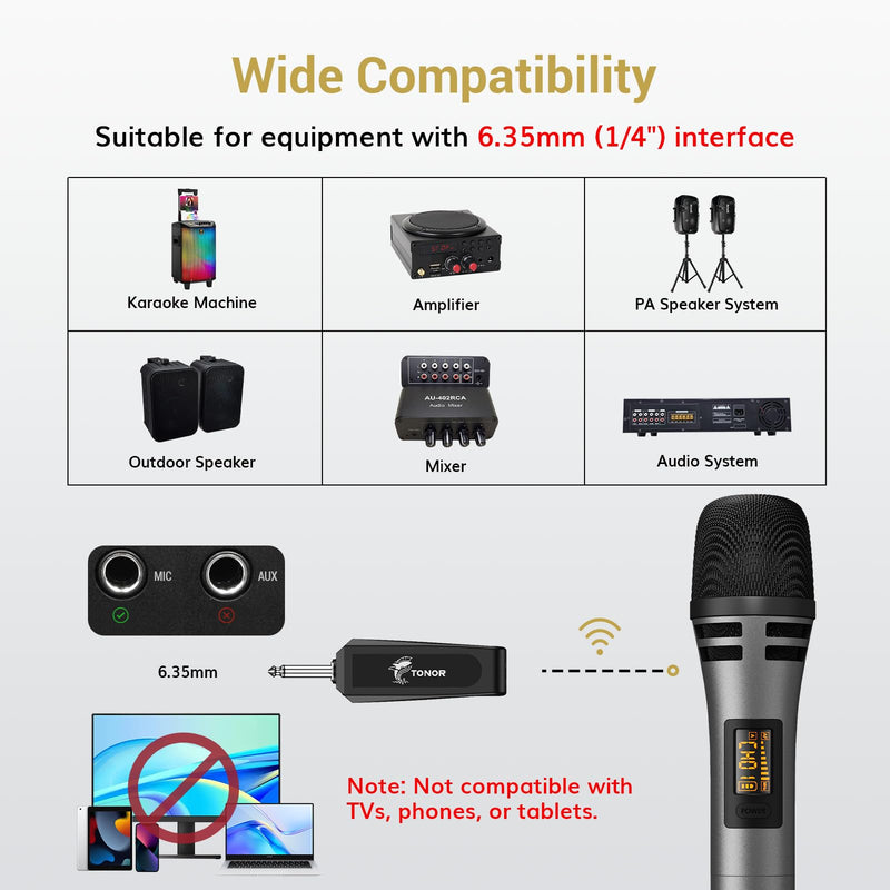 TONOR Wireless Microphones, UHF Dual Karaoke Microphone System, Microfonos Inalambricos with Rechargeable Receiver, Cordless Dynamic Mic Micro Set for Singing, Wedding, DJ, Party, Speech TW320 Grey Dual Mic Grey