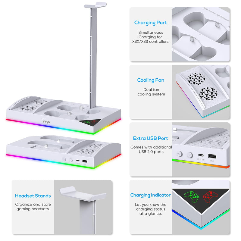 Upgraded RGB Cooling Fan Charging Station for Xbox Series S Console& Controller,Dual Charger Dock Cooler System Stand with 15 Colorful Light Modes Accessories with 2*1400mAH Rechargeable Battery,White White