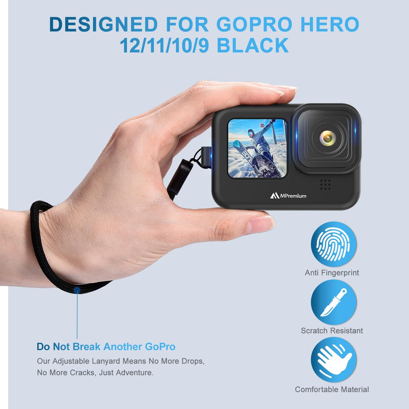 MiPremium Black Silicone Sleeve Case for GoPro Hero 12 11 10 9 Black Cameras with Battery Side Cover, Screen Protectors, Lens Caps & Lanyard – Complete Accessories & Protection Kit Bundle for Go Pro