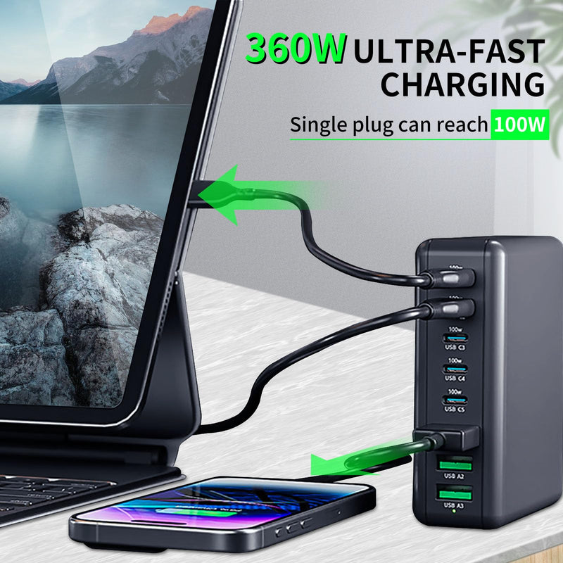 360W USB C Charger Block 8 Port Fast Charging Station Hub Upgraded GaN III PD 100W Laptop Charger Adapter Compatible with MacBook Pro/Air, DELL,iPad, iPhone16/15, Galaxy (Black 5C 3A) Black