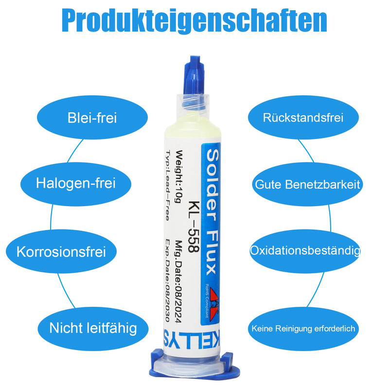 KL-558 Flux Soldering, 10 ml No-Clean Lead-Free Rosin Flux (1 Piece) 2.5 mm / 1.5 m Desoldering Braid (1 Piece), Suitable for Mobile Phone Soldering, BGA, Household Appliance Repairs KL-558