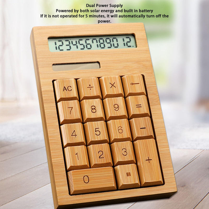 Wooden Solar Calculator, Wooden Desk Calculators with Digits, Basic Standard Function Desktop Calculator with Solar and Battery Dual Powered for Office Home School