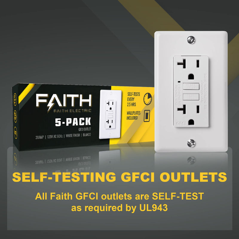 Non-Tamper-Resistant GFI Duplex Receptacles with LED Indicator, Self-Test Ground Fault Circuit Interrupter with Wall Plate, White 5 Pack