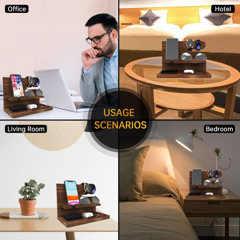 Birthday Gifts for Men Valentines Day Gifts for Men Gift for Dad Wood Phone Docking Station Organizer Wood Bedside Desk Organizer Carbonization