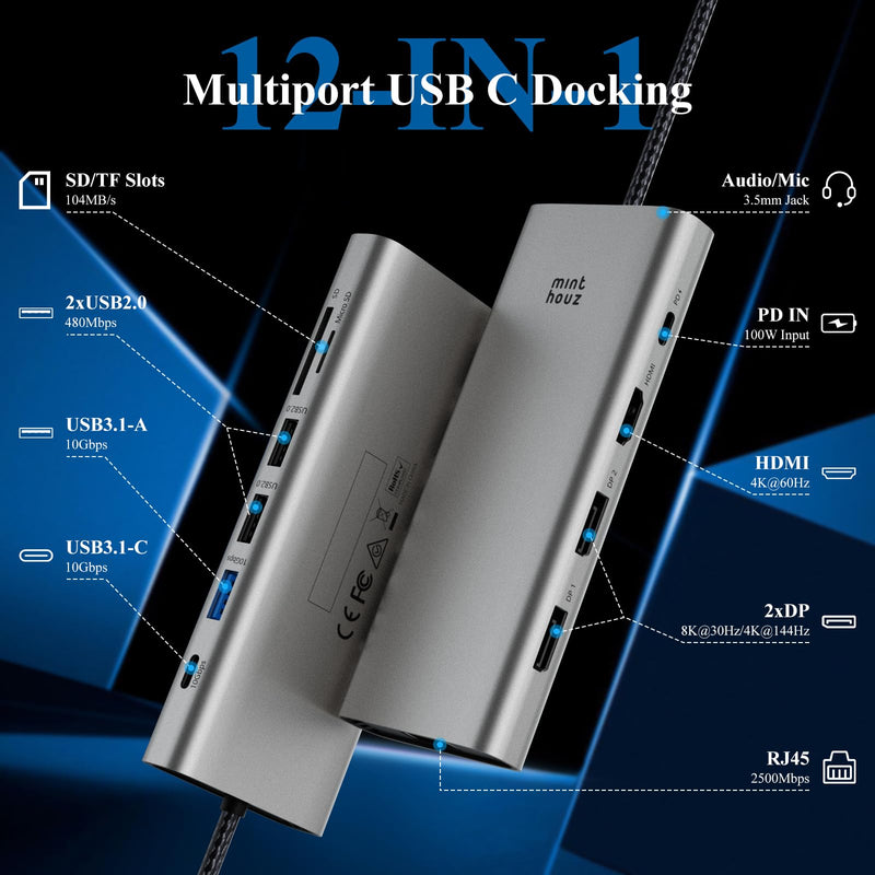 USB C Docking Station Triple Display Monitor Minthouz 12 in 1 USB C Hub,with 8K Dual DP,4*USB Port,100W PD Thunderbolt 3/4,2.5G Ethernet/SD/TF/3.5mm USB c Dock for MacBook,Dell,HP,Surface