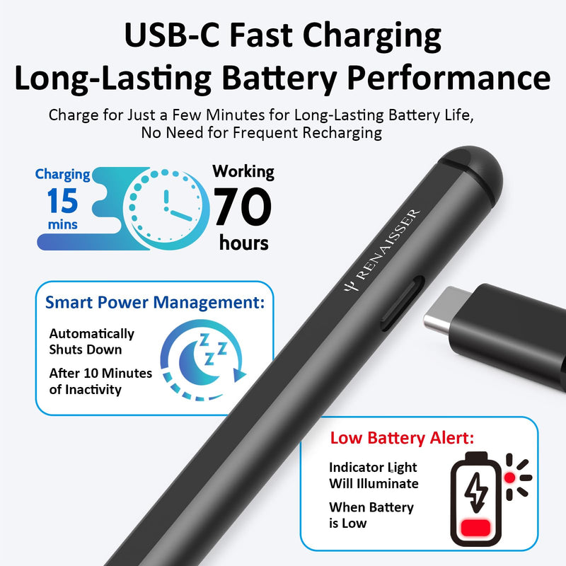 Taiwan RENAISSER Stylus Pen for Microsoft Surface, Designed in Houston, Made in Taiwan, Palm Rejection, USB-C Fast Charging, Pen for Surface Pro 11/10/9/8/7, Surface Go/Laptop Dark