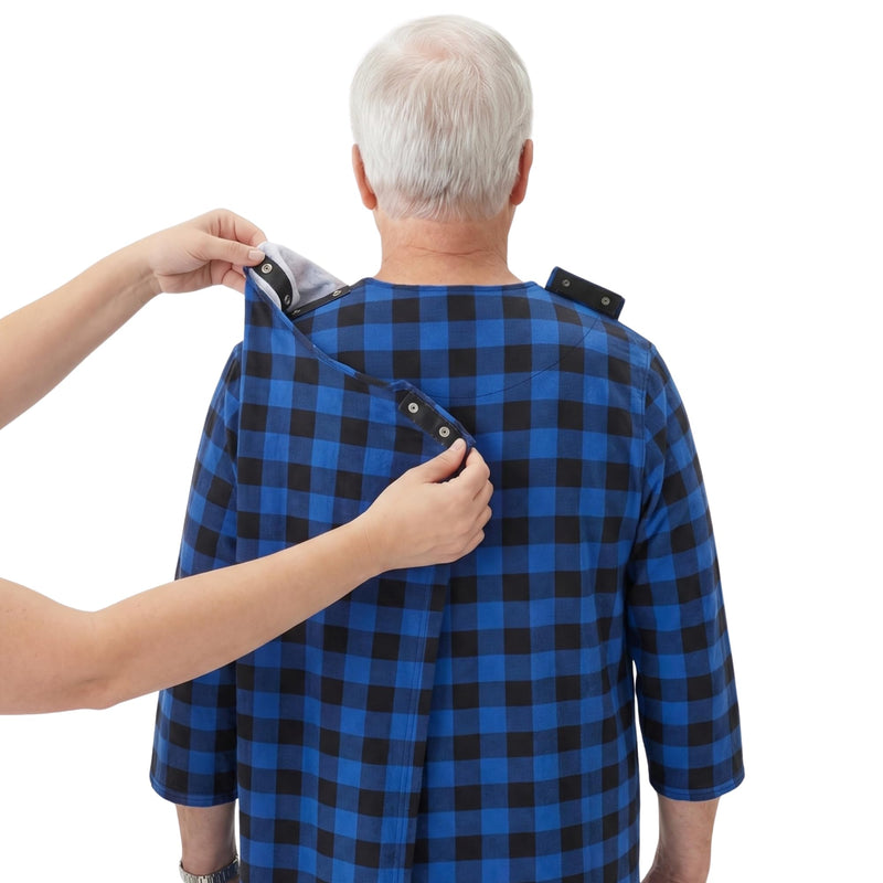 Silverts Men's Adaptive Open Back Flannel Gown, Assisted Dressing Nightgown | For elderly, nursing home & recovery wear, snap shoulders, warm cotton flannel Medium Blue Buffalo