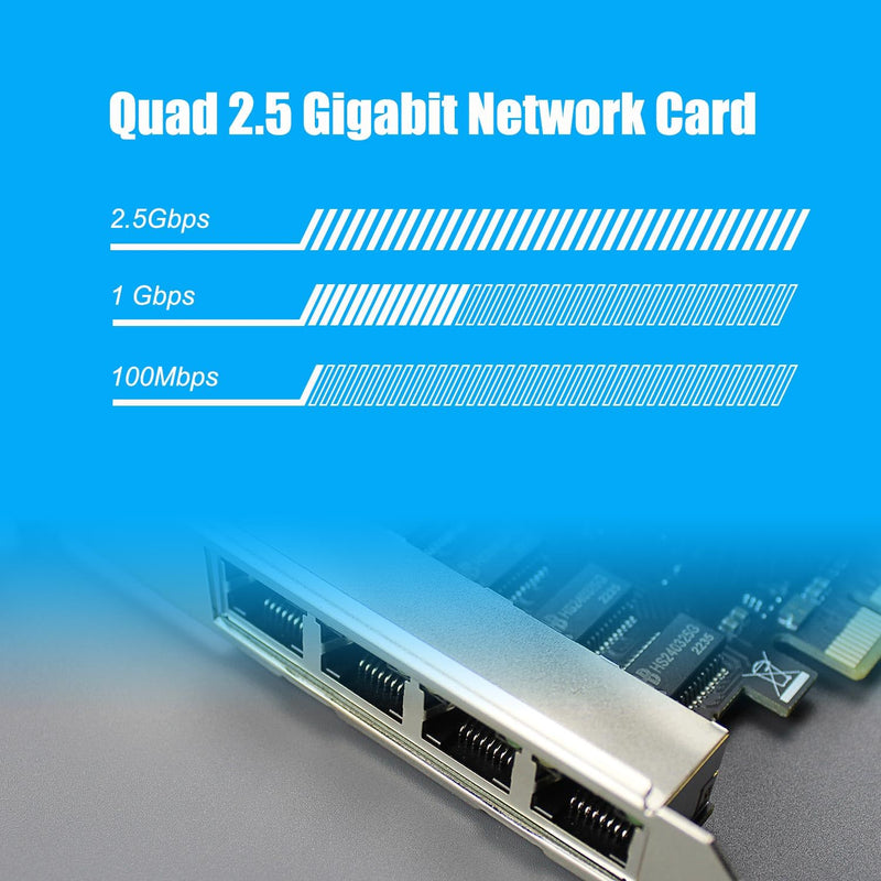 GLOTRENDS LE8445 4-Port 2.5Gb PCIe Network Card for Desktop PC, 2500/1000/100Mbps Gigabit Ethernet RJ45 LAN Port, PCIE X4 Interface, Regular & Low Profile Bracket 4-port, 2.5Gbps