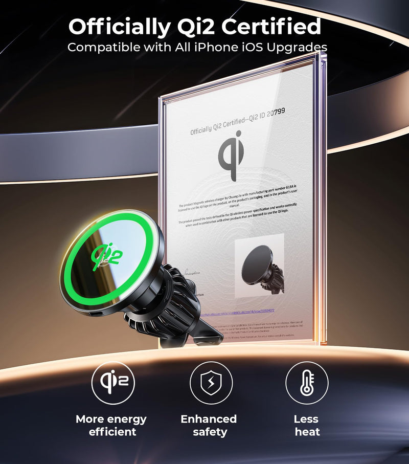 【Qi2 Certified・90LBS Vacuum Magnetic Suction】 15W Fast Wireless Car Charger Mount for Magsafe, 360° Adjustable Arm, Dashboard/Windshield/Vent Phone Holder+Cable Organaizer for iPhone 17/16/15 Pro Max C-DashVentWindshield+Qi2Charger