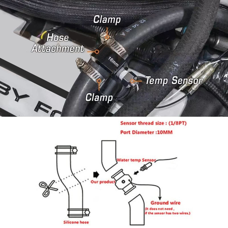 Black Aluminum Water Temp Meter Temperature Gauge Joint Pipe Radiator Sensor Adaptor Attachment Hose Clamps 16mm