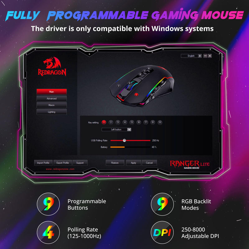 Redragon Gaming Mouse, Wireless Mouse Gaming with 8000 DPI, PC Gaming Mice with Fire Button, RGB Backlit Programmable Ergonomic Mouse Gamer, Rechargeable, 70Hrs for Windows, Mac Gamer, Black 2.4G/ Wired