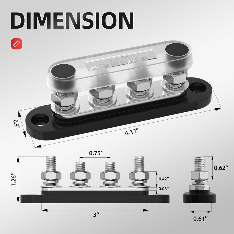 DAIERTEK Bus Bar 12V 150A Mini Power Distribution Block Max 48V DC/300V AC with Cover 4 x 5/16" Posts for Marine Automotive Solar Systems -Negative+Positive BB100-T4M8-C-RB