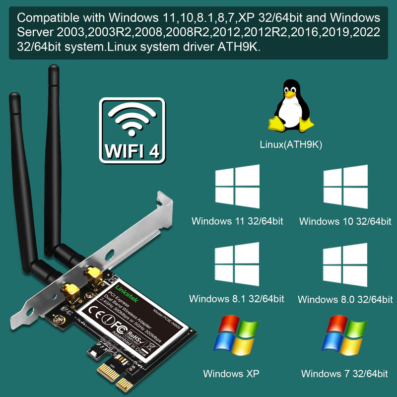 Wireless N 600Mbps (2.4GHz 300Mbps and 5GHz 300Mbps) PCIE WiFi Adapter, PCIE WiFi Card, QUALCOMM Atheros AR946X Wireless Network Adapter for Windows 10 8.1 8 7 XP Desktop PCs (PCIE-N600) PCIE-N600
