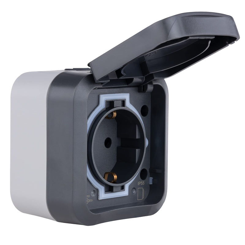 REV - AquaStorm, 1-way socket, wet room, IP55 two-pole, surface-mounted, 230V, 16A, anthracite 1-way socket sockets