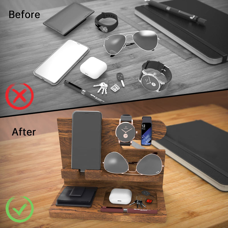 Birthday Gifts for Men Valentines Day Gifts for Men Gift for Dad Wood Phone Docking Station Organizer Wood Bedside Desk Organizer Carbonization