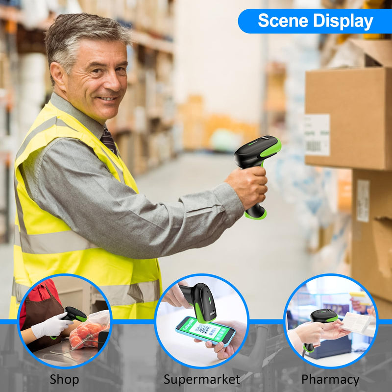 Symcode Wireless Bluetooth Barcode Scanner,Bluetooth & USB Wired & 2.4G Wireless Connection Ergonomics Handheld Barcode Scanner Reader, 2D 1D QR Code Automatic Fast Precise scanning Scanner Green