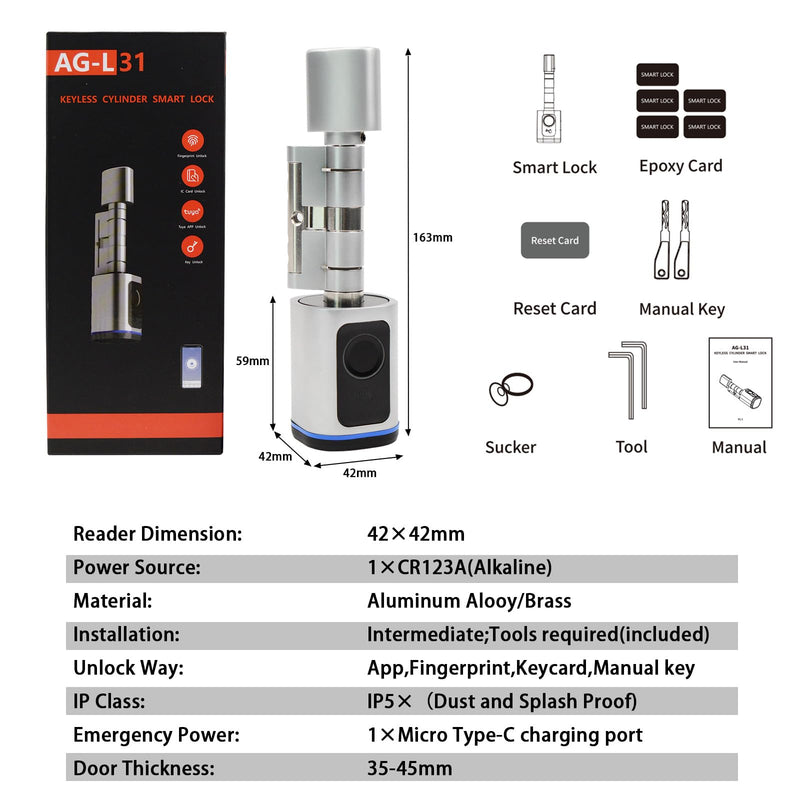 Intelligent Door Locks Fingerprint IC Card Key Cell Phone Application Household Intelligent Electronic Locks Applicable to Wooden Iron Security Door Silver