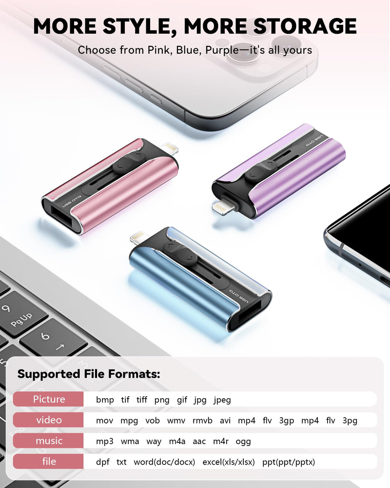 MFi Certified 256GB Flash Drive for iPhone USB Memory Stick Thumb Drives, High Speed USB Stick iPhone Flash Drive for Photos Videos,Photo Stick External Storage for iPhone/iPad/Android/Laptop (Pink) Pink Rose