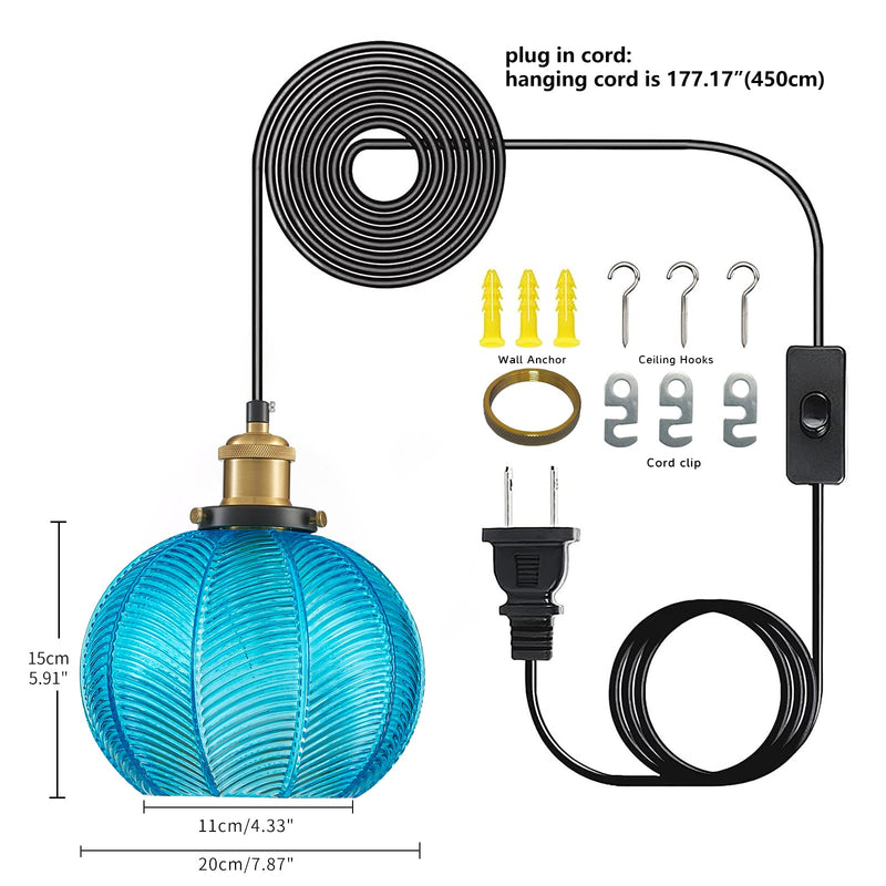 Blue Glass Plug-in Pendant Light,Farmhouse Hanging Lights with in Cord Globe Glass Hanging Lamp with a Switch Wire for Dining Room Bedroom Kitchen Island E26 Blue-Plug in 1Pcs