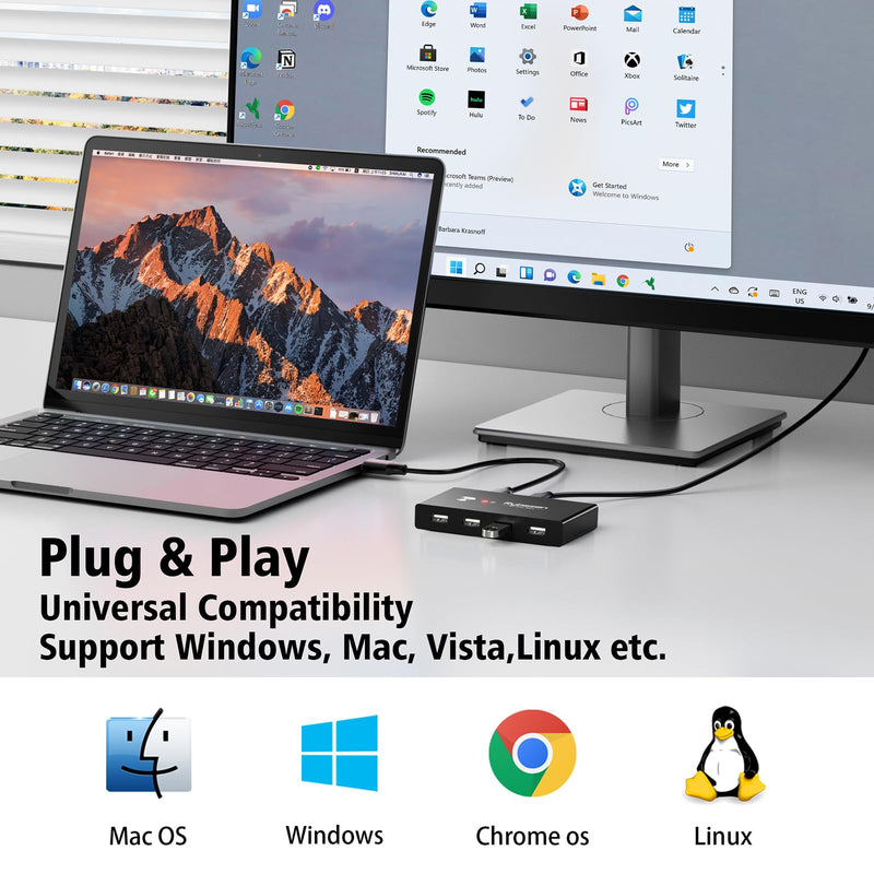 USB Switcher 2 Computers, USB Switch 2 PC Sharing 4 USB Devices, 2 in 4 Out with 2 USB 2.0 Cable(1m) for Keyboard, Mouse, Scanner, Printer Video Converter