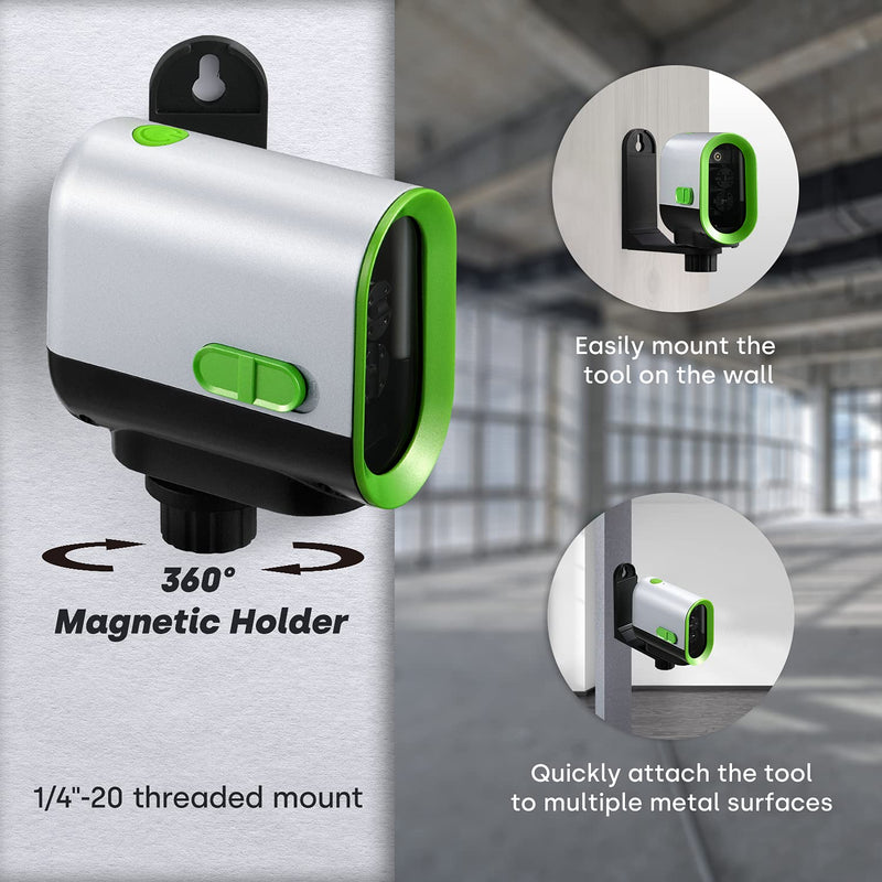 ENVENTOR Green Laser Level, Self Leveling Laser Level, Horizontal and Vertical Cross-Line, Rotatable 360° Magnetic Holder, Pulse Mode, USB Charging, Rechargeable Li-ion Batteries