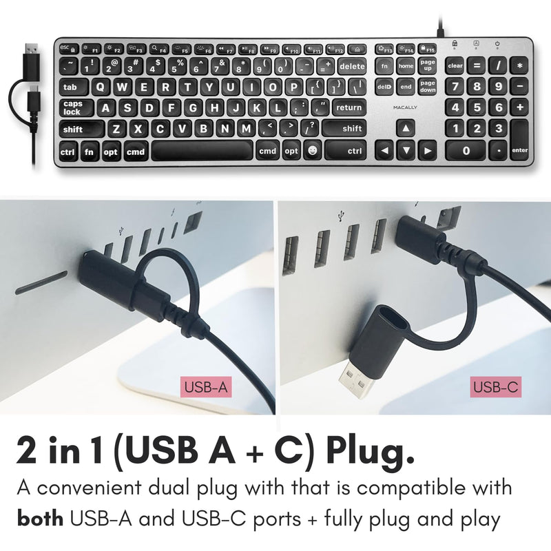 Macally Wired Keyboard for Mac (USB C + A) - Large Print and Backlit Apple Keyboard Wired - 107 Key Full Size Large Letters USB C Keyboard for Macbook Pro/Air, Mac Mini, iMac