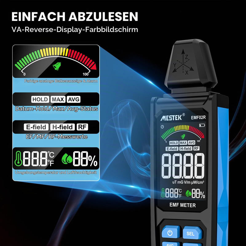 EMF Meter MESTEK 5-in-1 EF/MF/Radio Frequency EMF Meter, Electromagnetic Fields High Frequency Field Radiation Meter with Digital LCD Rechargeable for Home, Office and Outdoor Use black and blue