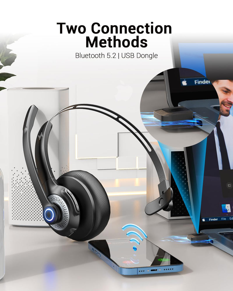Wireless Headset with Microphone - Bluetooth V5.2 Headphones with USB Dongle & Mic Mute for PC/Computer/Laptop/Call Center/Zoom/Online Class/Trucker - Bluetooth Headset, Black, EH06U