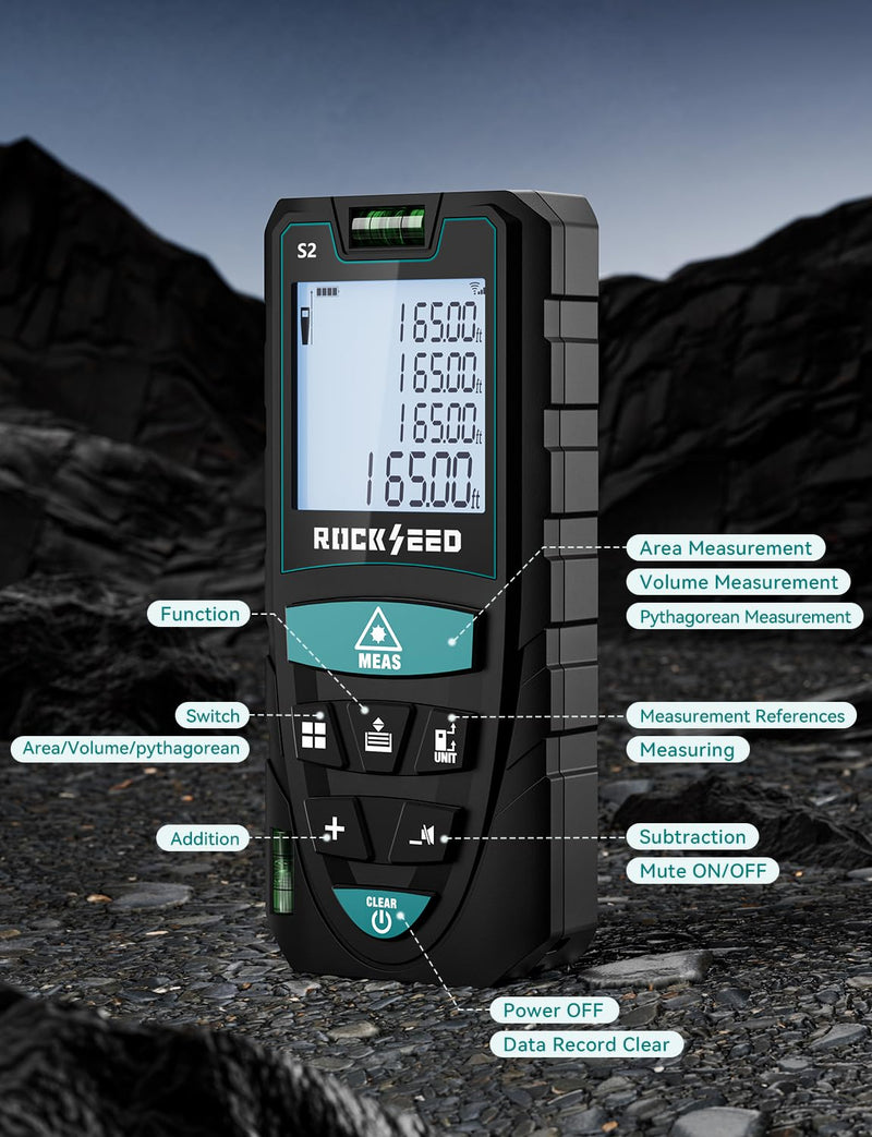 Laser Measure 50M/165ft,RockSeed Digital Laser Distance Meter with 2 Bubble Levels,Portable M/in/Ft Unit Switching Backlit LCD and Measuring Distance/Area/Volume/Pythagorean Red Laser 165FT