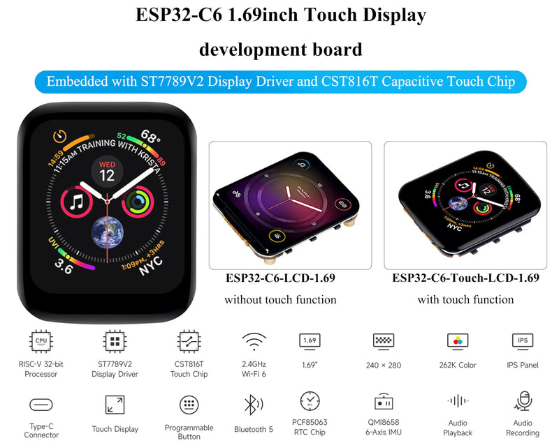 ESP32-C6 1.69inch Touch Display Development Board, 240x280 262K IPS LCD, Supports Wi-Fi 6 / BLE 5, 160MHz RISC-V Processor, ESP32 with Display, AI Speech, Support AI Voice Interaction, with Speaker