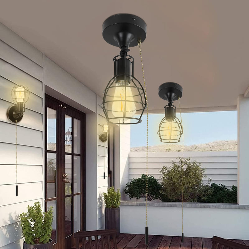 2-IN-1 Ceiling Light & Wall Sconce with Adjustable Pull Chain , Industrial Ceiling Light for Hallway/Entryway/Bedroom/Farmhouse