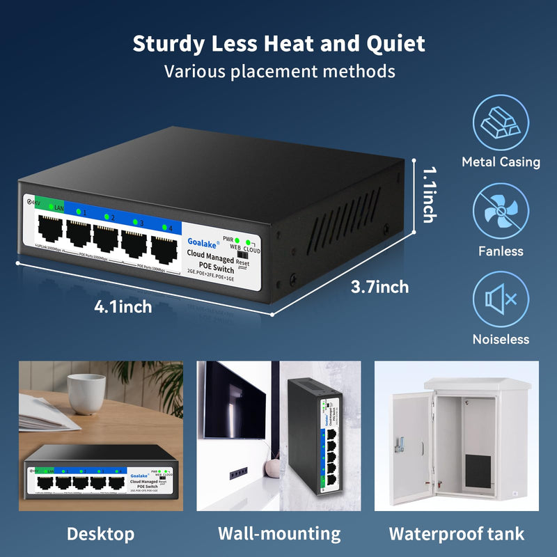 5-Port Ethernet PoE Switch (4 PoE Ports, 1 Uplink) with Extend Function, Easy Smart Managed Ethernet Switch, Plug & Play, Fanless Metal Design, VLAN, Qos,Desktop/Wall Mount 5 Port |52W 4xPoE+