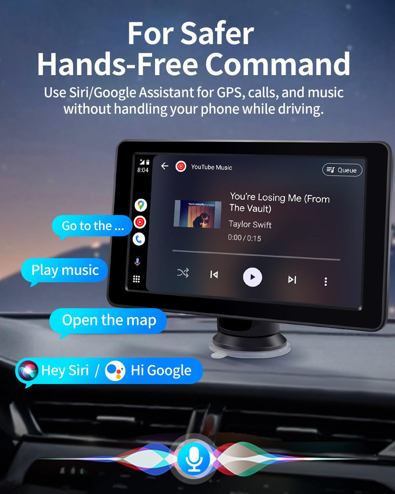 Portable Apple Carplay Screen for Car, 7" HD Car Stereo Touchscreen with Wireless CarPlay & Android Auto, Mirror Link, Bluetooth, Voice Control, Memory Card Playback, AUX - Fits All Vehicles