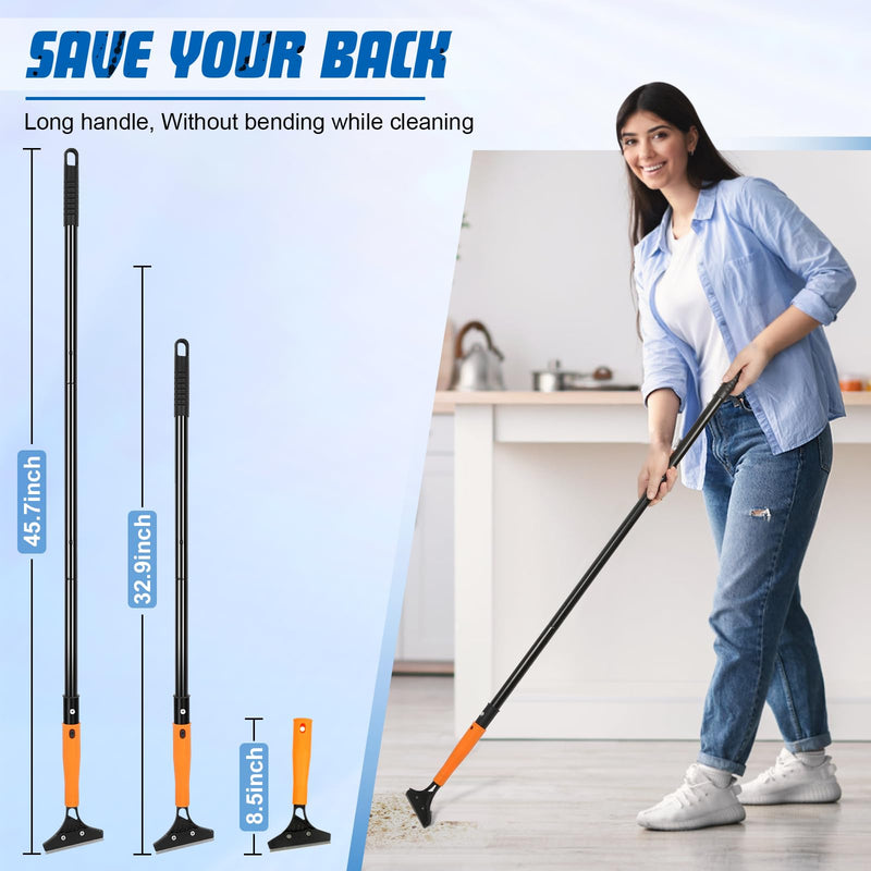 Razor Blade Floor Scraper with Long Handle, 4 Inch Floor Scraper Tools Heavy Duty with 10PCS Extra Metal Blades,Paint Scrapers for Cleaning Wall Glass Floor Paint Gum Stains Stickers Linoleum Orange