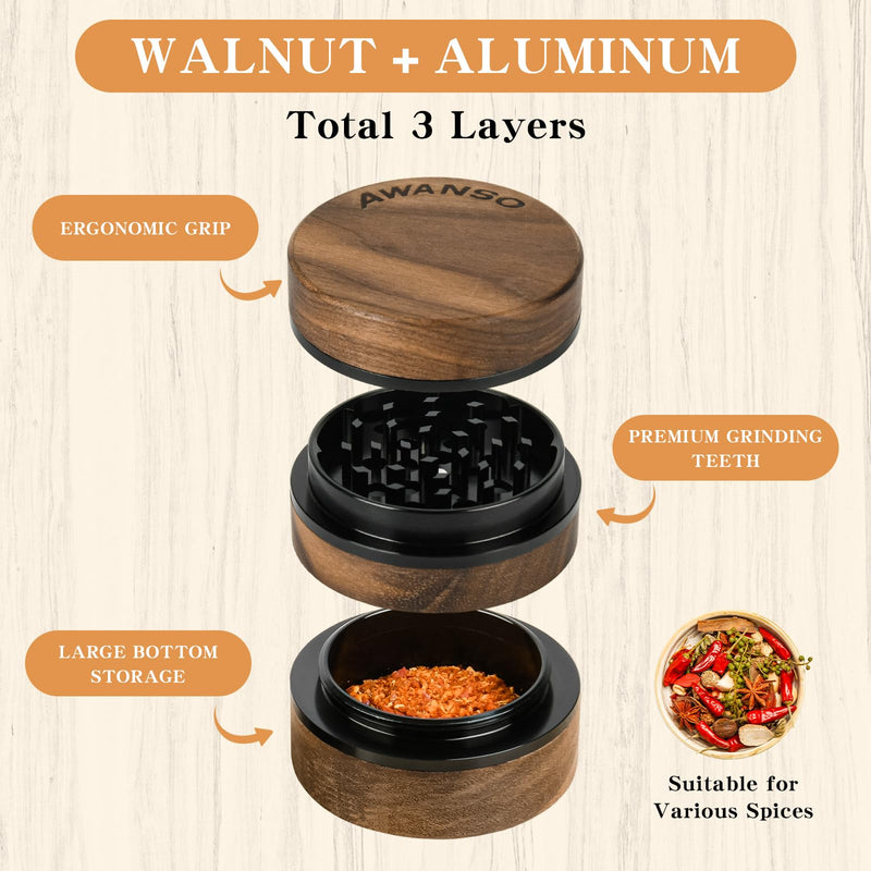 3-Piece Grinder, 2.5" Walnut Wood and Aluminum Grinder for Kitchen Spices Brown 2.5"