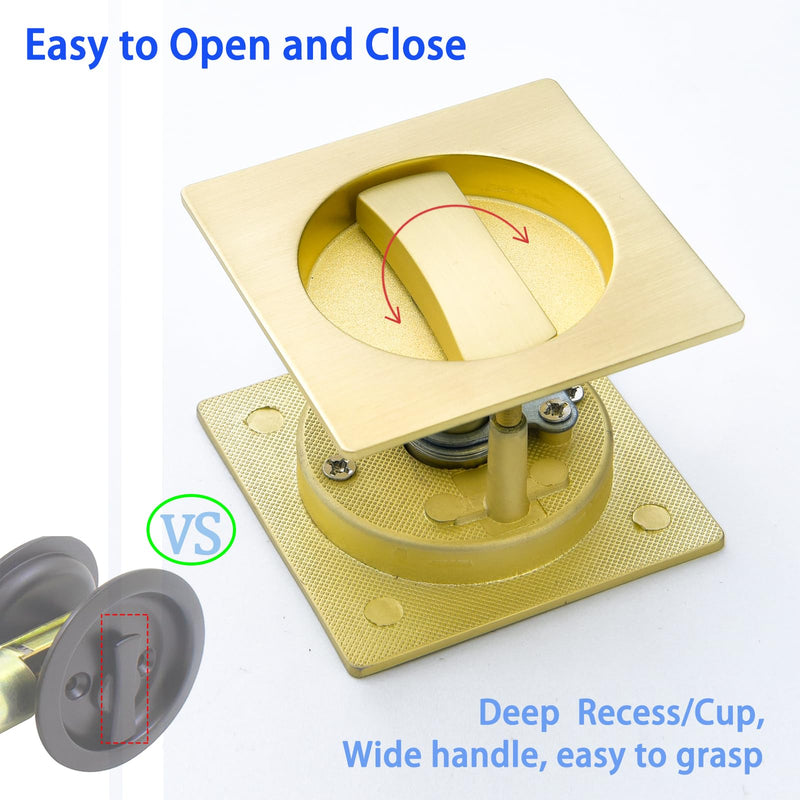 Dontay Pocket Door Privacy Lock, Flush Handles, 2-3/8" Backset, (Bed/Bath) Latch, Recessed Knob, Hardware for 1 3/8” to 2 3/16” Thickness Door (Including Edge Pull, Satin Brass, Square) Square - 2 Pack Including Edge Pull