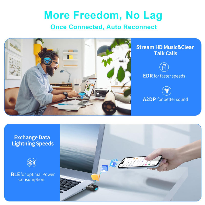 USB Bluetooth 5.4 Adapter Dongle for PC, Plug n Play for Laptop Desktop Windows 11 10 8.1, Wireless Multiple Connection Bluetooth Headphone Headset Speaker Keyboard Mouse Printer Controller