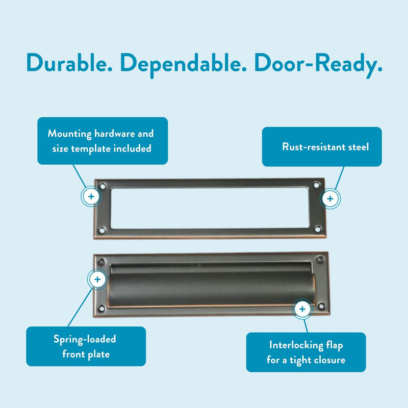 Architectural Mailboxes Mail Slot Cover for Front Door, Rubbed Bronze | Rust-resistant with a spring-loaded interlocking flap. Includes interior and exterior plates, template, and hardware.