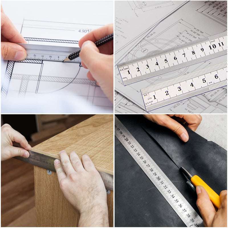 Ksvaye Pack of 4 Stainless Steel Rulers Metal Steel Ruler Steel Ruler Metal Ruler Double Side Scale 15 cm / 20 cm / 30 cm / 40 cm for Office School Engineer Technical Drawing