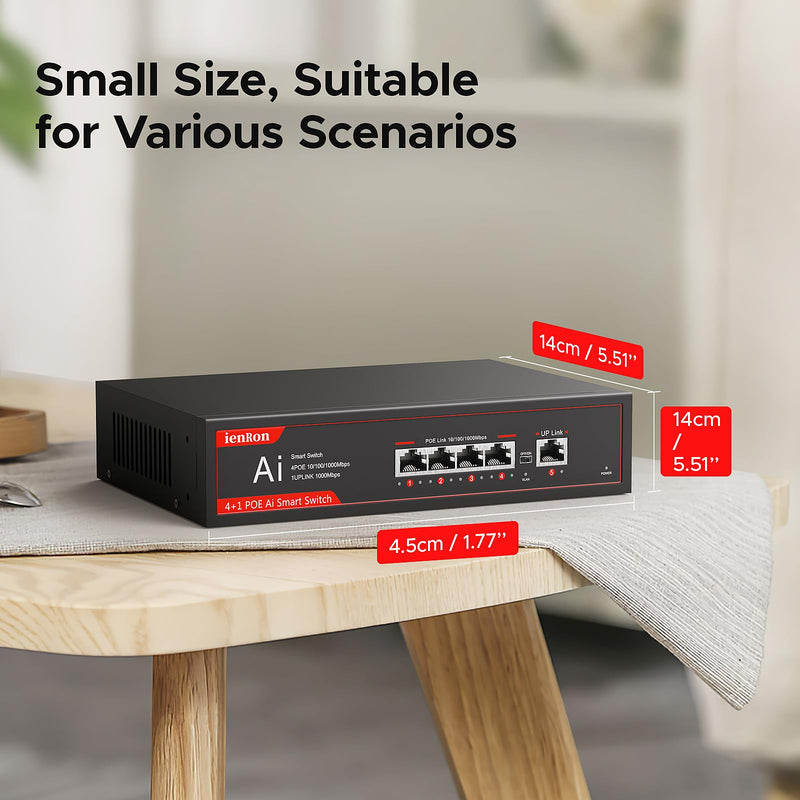 5 Ports PoE Gigabit Switch, 4-Port PoE Switches with 1 Uplink 1000Mbps Port, IEEE 802.3af, Plug and Play, VLAN Mode Unmanaged Ethernet Splitter Network in Metal Case, Wall Mount,Red / Black 5 Ports丨4 PoE+1 Uplink