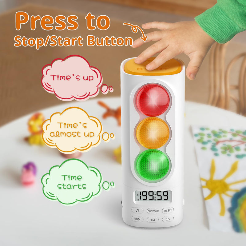 Traffic Light Visual Audio Digital Timer, LCD Display Volume Adjustment, with 4 Ringtones for Kids Classroom Home Kitchen Game Countdown Pause Memory Function Charger Type C Cable Included White