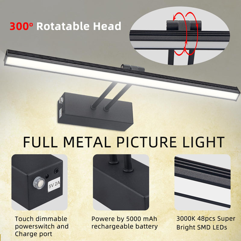 FUNCHDAY Picture Light,Battery Art Lights for Wall,Wireless Remote Painting Light with Timer and Dimmable,13”Metal Display Lighting for Artwork,Portrait,Gallery-Black Black 13"